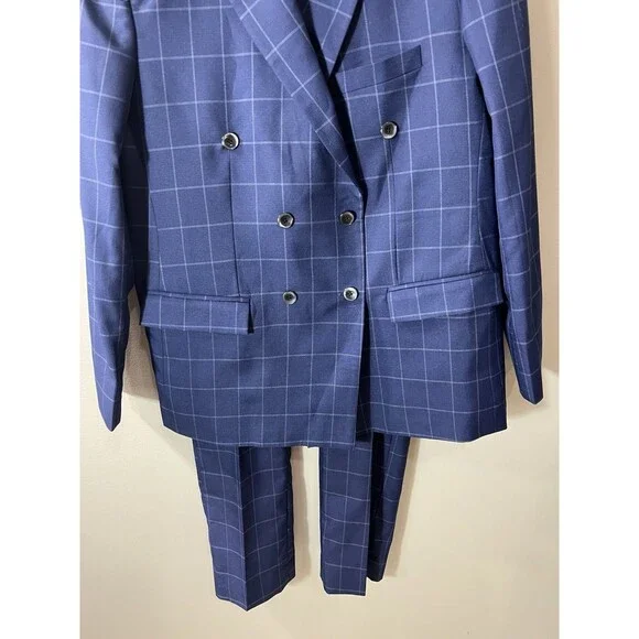 French Crown Men's 42 Blue Windowpane Pattern Wool Rich Double Breasted Suit NEW